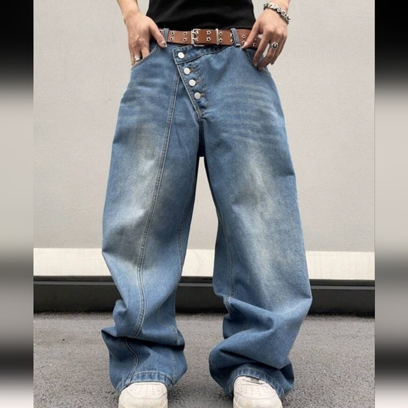 MENS MANFINITY DIAGONAL BUTTON FLY DENIM JEANS  Y2K BAGGY HIP HOP SIZE SMALL 36 - Picture 8 of 9